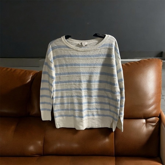 LOFT Tunic Top Womens Small Striped Blue Ivory Oversized Costal Beachy‎ - Picture 1 of 7